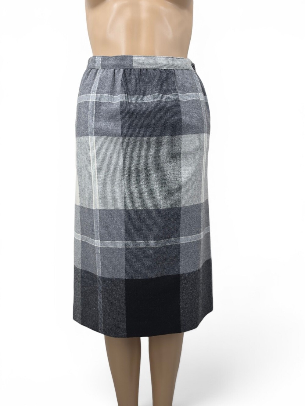 Vintage Wool Classic Gray Black Plaid Midi Skirt